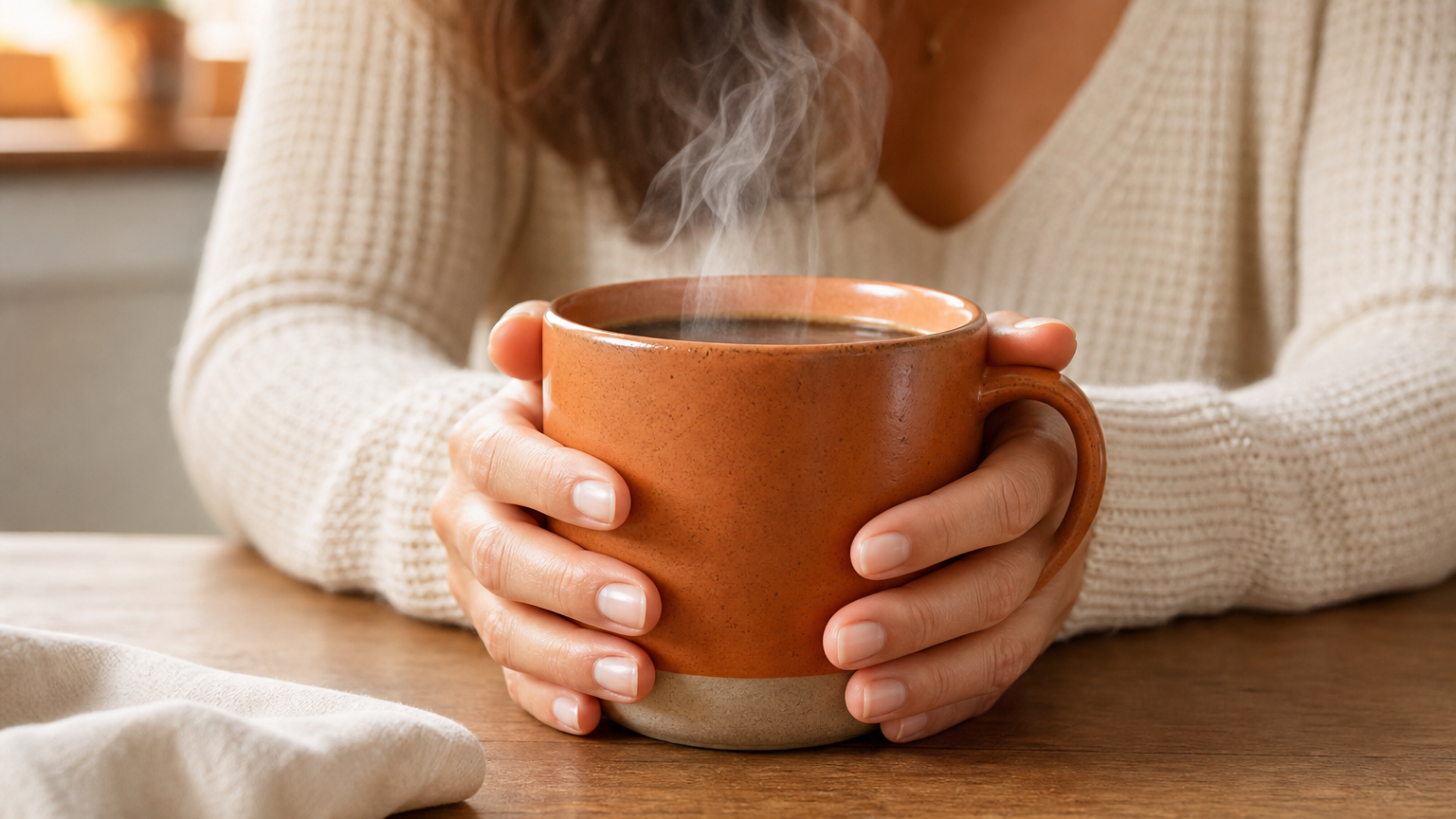 A woman's hands wrap around a warm terracotta coffee mug with rising steam on a wooden kitchen table in soft morning light.