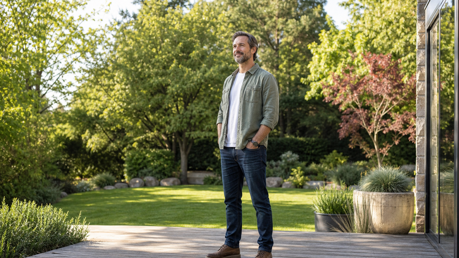 A man in his 40s stands on a wooden deck overlooking a green backyard in mid-morning light, calm and at ease.