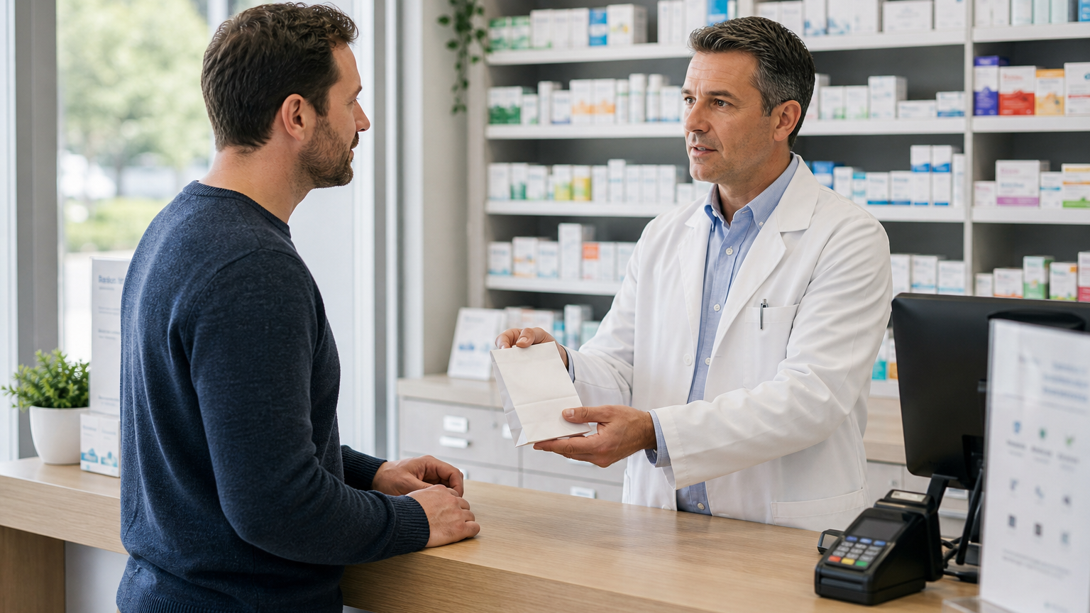 A pharmacist in their 40s hands an unlabeled white prescription bag across a light-wood counter to an attentive adult customer in soft daylight.