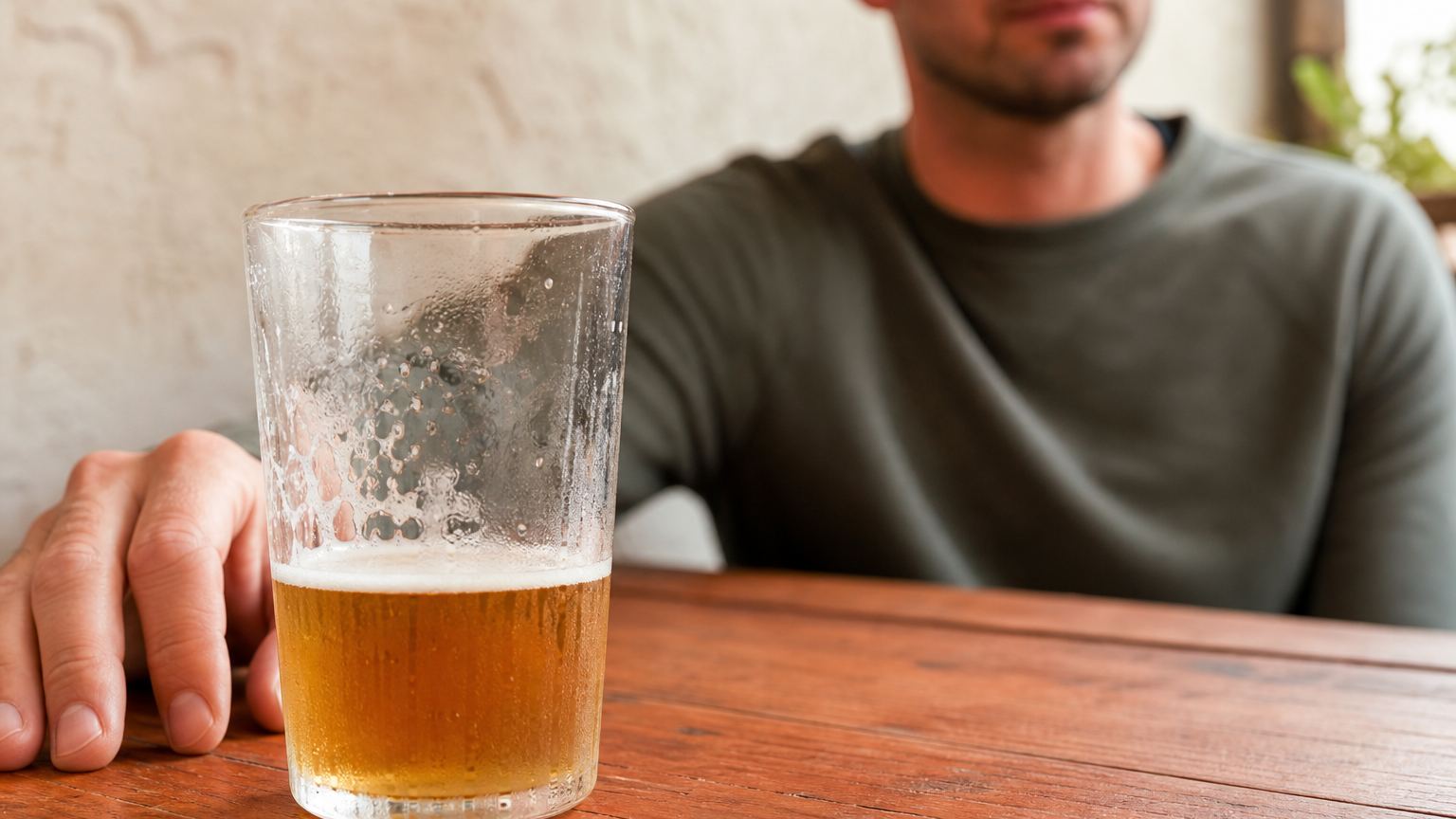 A macro view of a half-full beer glass with condensation on a warm terracotta wooden table, a seated man softly blurred behind it.