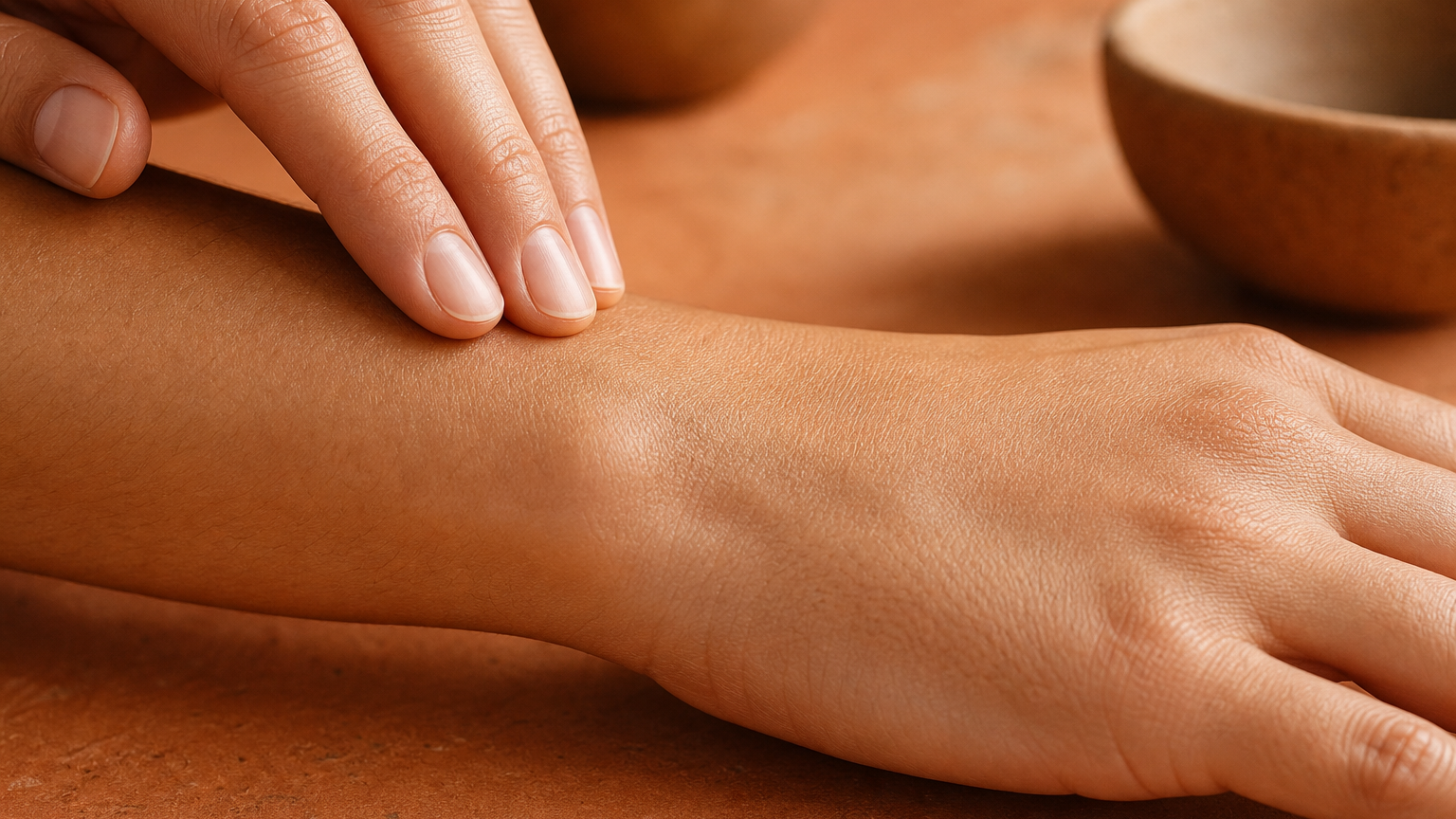 A macro close-up of clear, healthy skin on a forearm and hand resting on a warm terracotta surface in soft daylight, fingertips lightly touching the wrist.