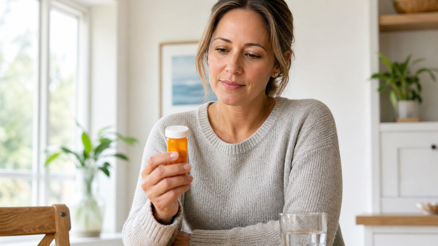 A woman in her 40s stands in a sunlit room holding and reading a small amber prescription bottle, with a glass of water nearby.
