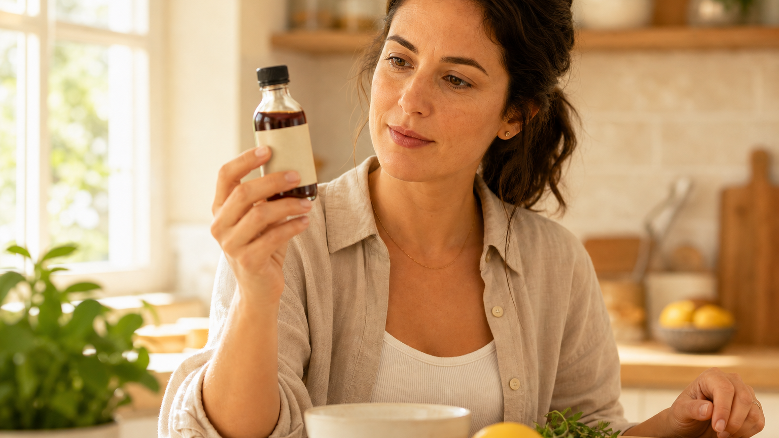 A person in their 30s in a sunlit kitchen reads the label on a small bottle of vanilla extract, with fresh ingredients and a cutting board nearby.