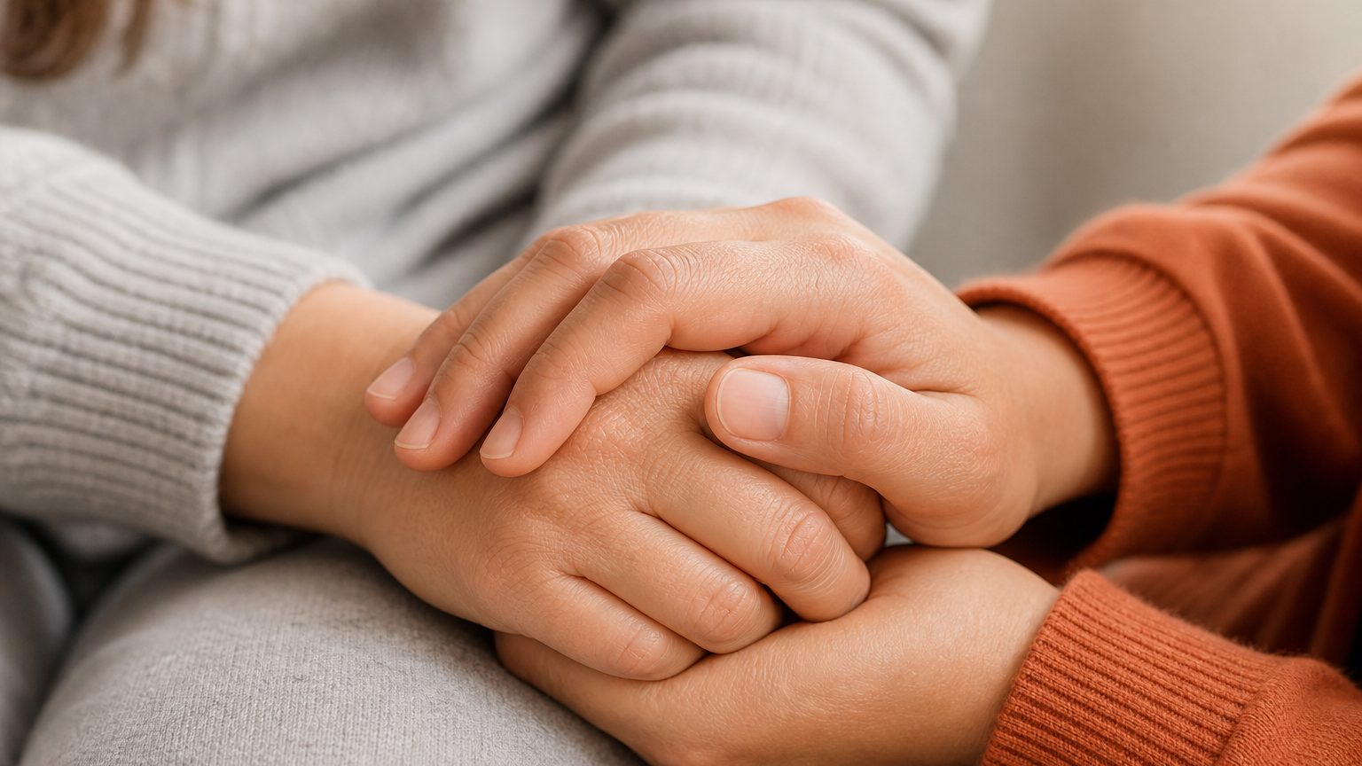 Close-up of two women's hands gently clasped together on a lap in soft warm daylight, one hand reassuringly cradling the other.