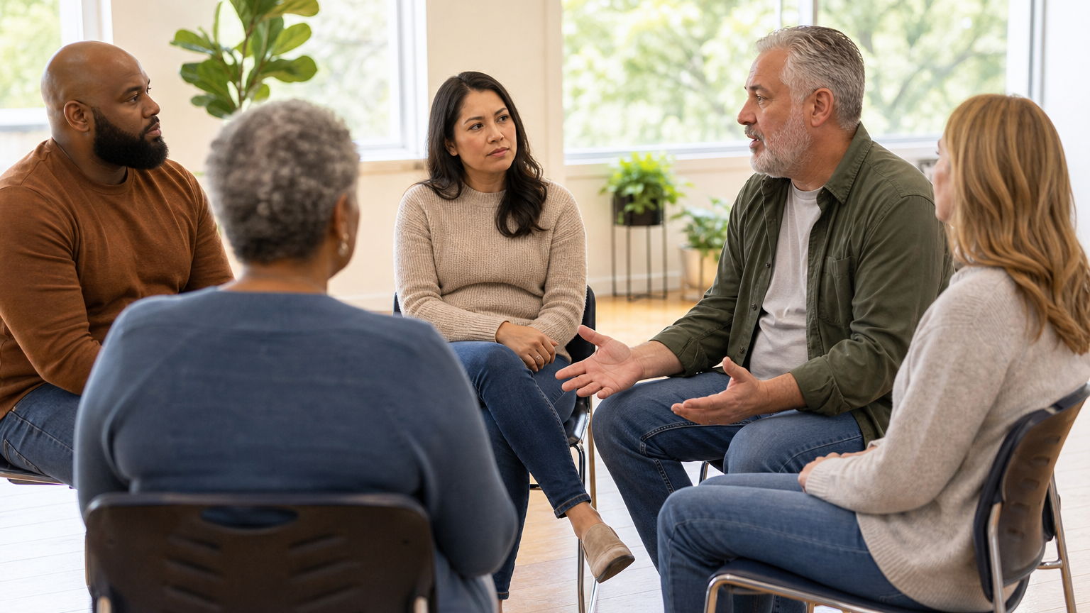 A small group of adults sits in a circle of chairs in a bright community room, one person mid-share while a woman listens with a calm, attentive expression.