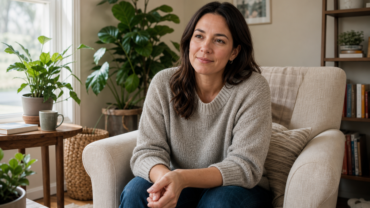A woman in her 30s sits in an armchair in a bright, plant-filled living room in soft daylight, looking calmly reflective.