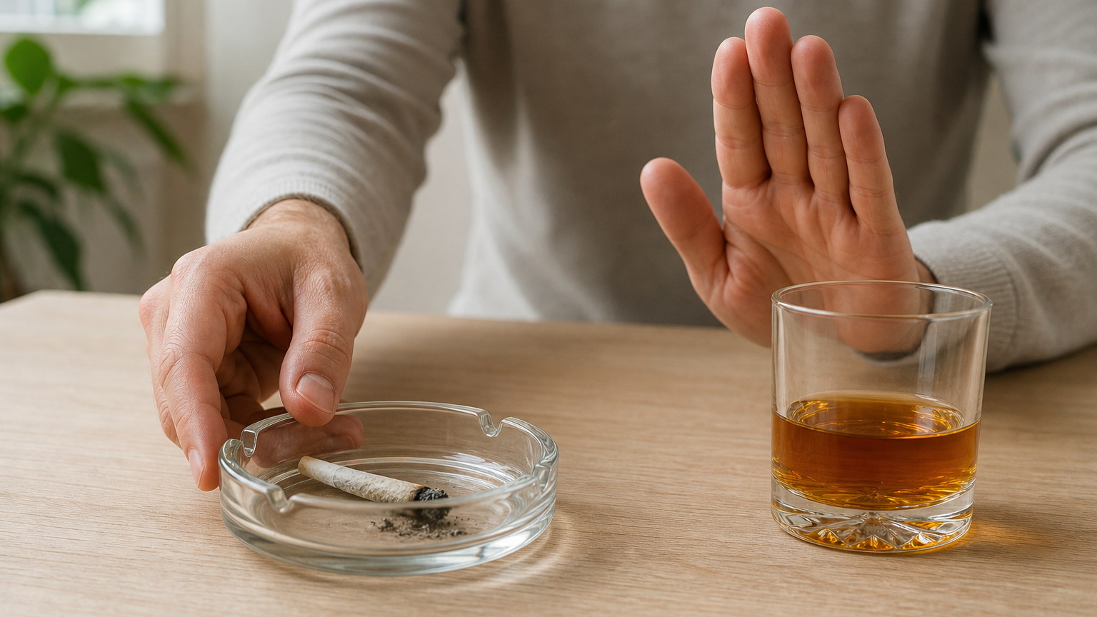 Two hands at a wood table, one setting down an ashtray with a stubbed-out joint, the other pushing away a glass of amber liquor in soft daylight.