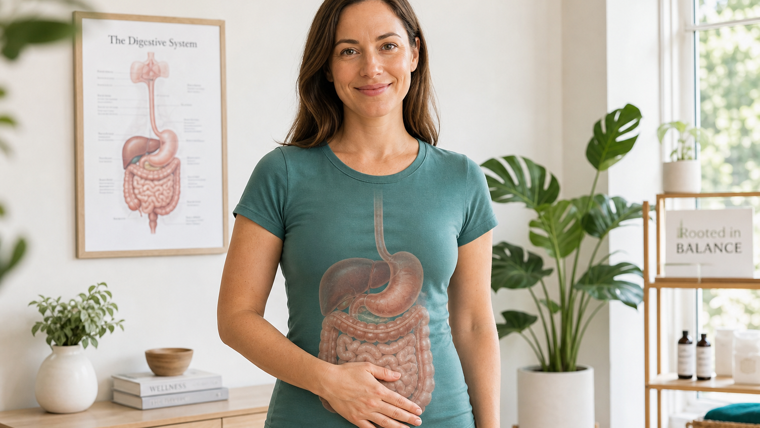 A person in their 30s stands in a bright, airy studio with one hand resting on their lower abdomen, calm expression, soft window light and a teal plant accent.