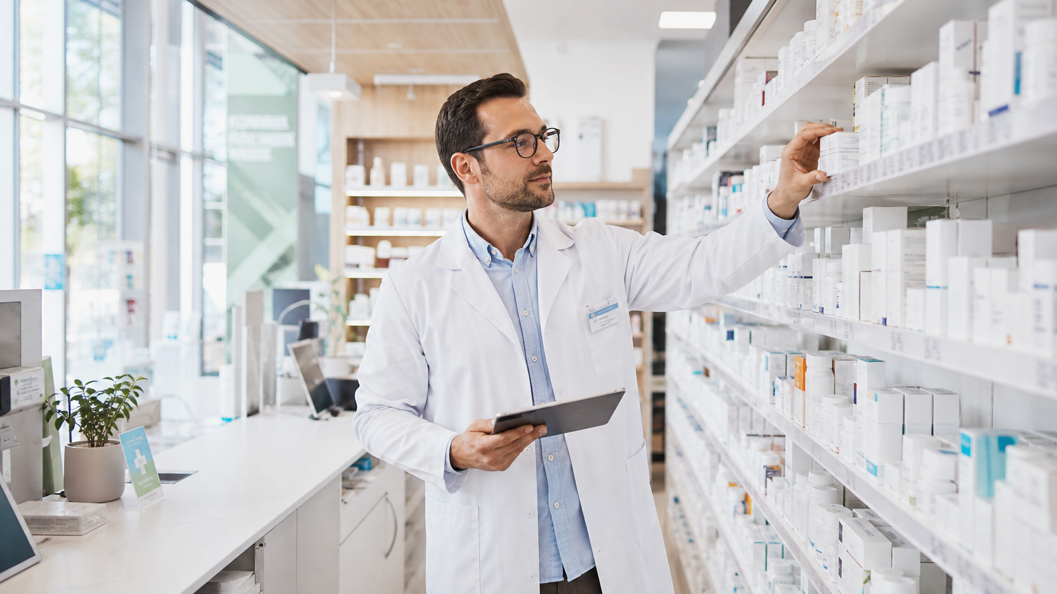 A pharmacist in a white coat stands in a bright modern pharmacy aisle reaching toward shelves of unlabeled white medication boxes in midday daylight.
