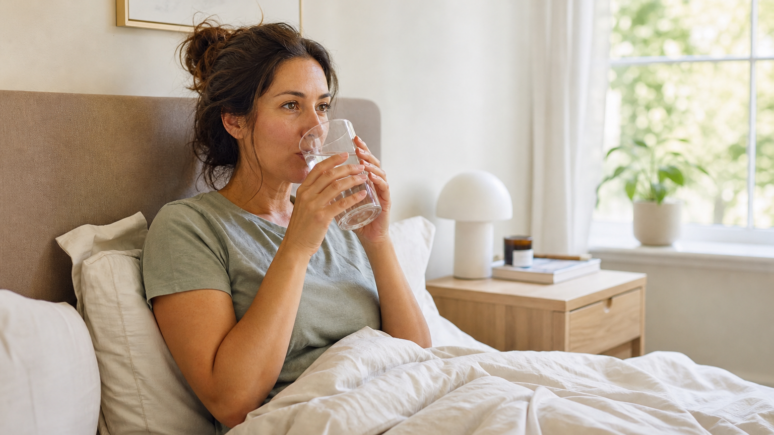 A woman in her early 30s sits up in bed in a bright morning bedroom, calmly sipping a large glass of water with a relaxed expression.