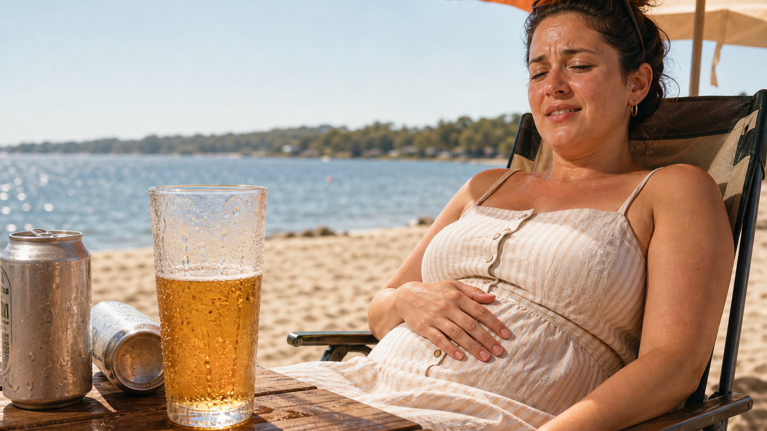 A woman in her 30s reclines in a folding chair at a sunny beach picnic table, one hand on her stomach, beside a sweating glass of beer and empty cans in bright midday heat.