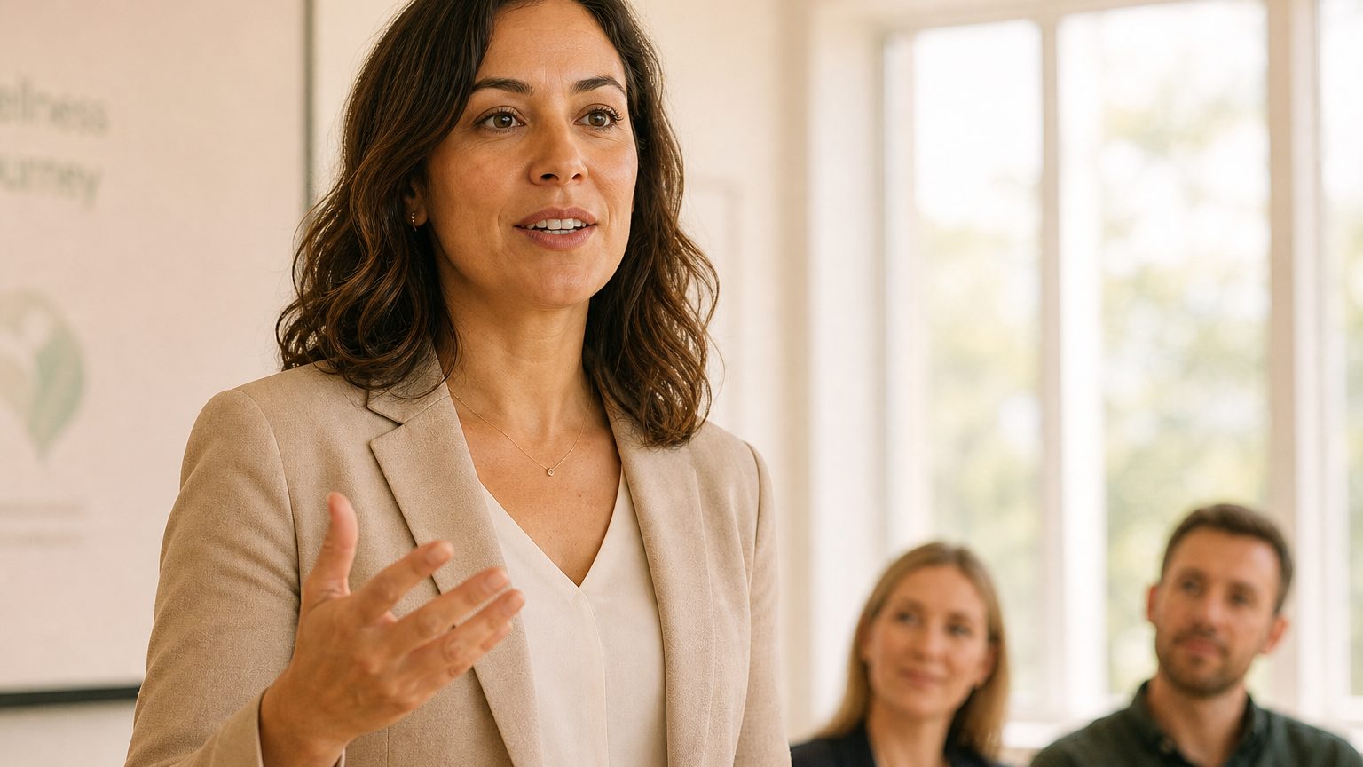 A woman in her 30s presents at the front of a sunlit conference room, gesturing with a calm focused expression, colleagues blurred behind her.