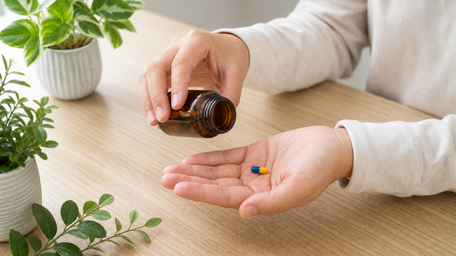 Hands tip a single capsule from an unlabeled amber bottle into an open palm on a light-wood table beside small green plants in bright daylight.