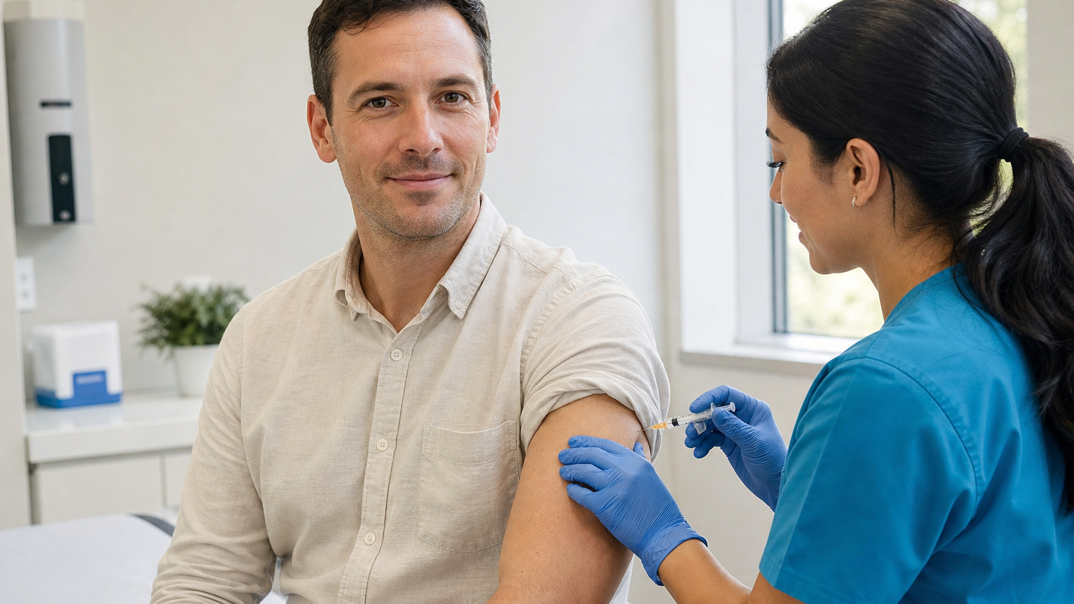 A calm person in their 30s sits in a bright clinic room receiving a vaccine in the upper arm from a nurse in teal scrubs.