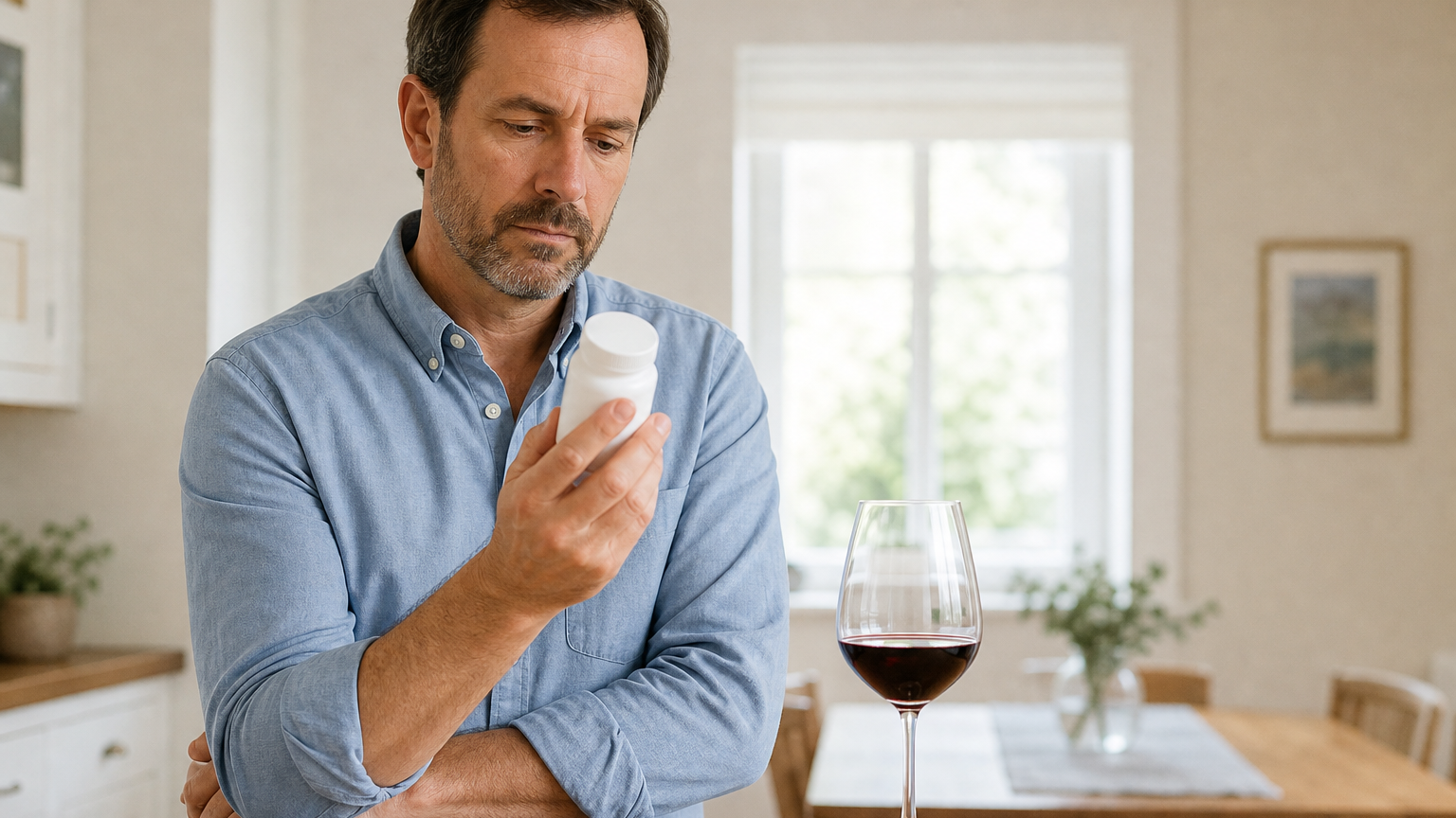 A man in his 40s reads an unlabeled pill bottle beside a glass of red wine at a bright dining table with a calm, serious expression.