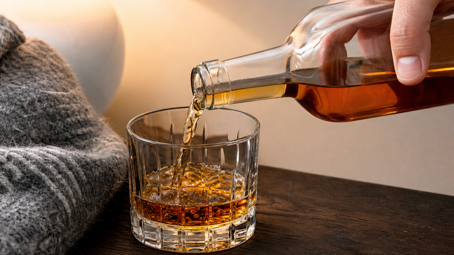 Close-up of a hand pouring amber whiskey from an unlabeled bottle into a short glass on a dark wood side table under warm lamplight.