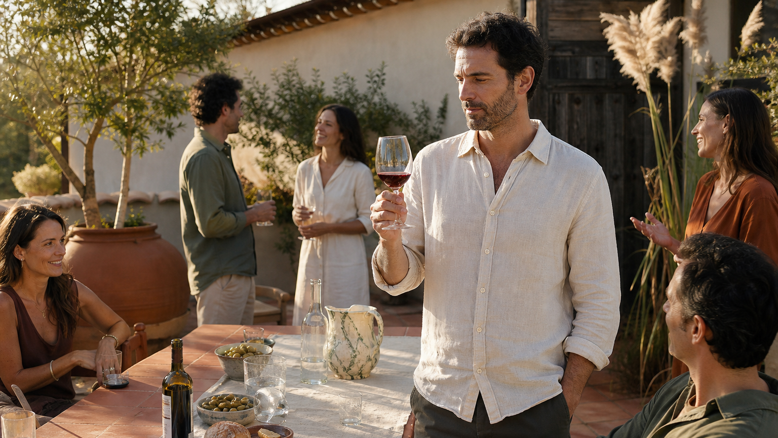 A man in a cream shirt pauses over a single glass of red wine at a long terracotta patio table while friends talk around him in late-afternoon sun.