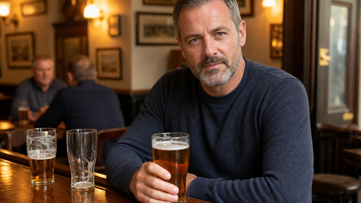 A man in his 40s sits at a warm-lit pub bar holding a pint, with a half-finished pint and an empty glass beside him.