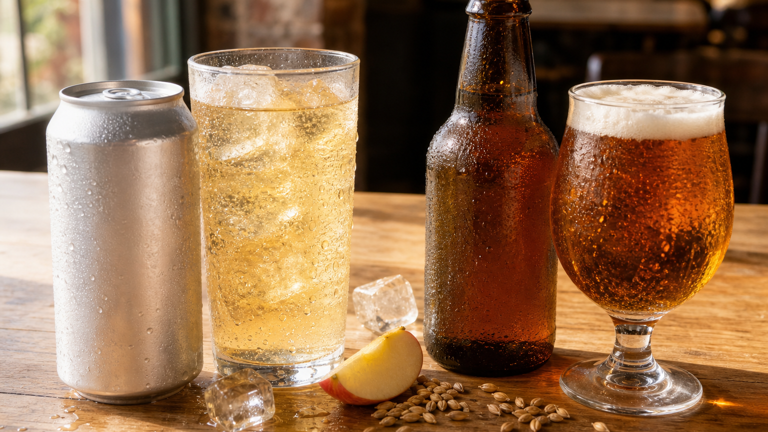 Close-up of an unlabeled cider can with a glass of pale cider beside an unlabeled bottle and glass of amber beer on a wood table.