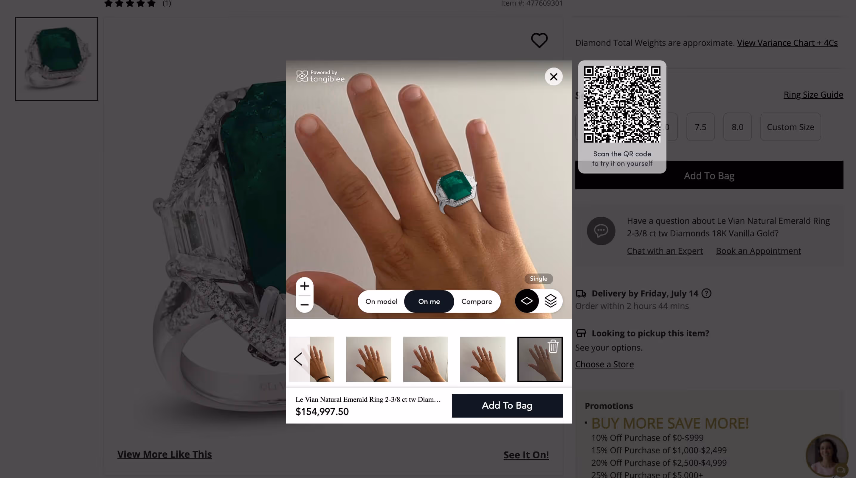 Screenshot of Tangiblee's Virtual Try-On with a really expensive ring.
