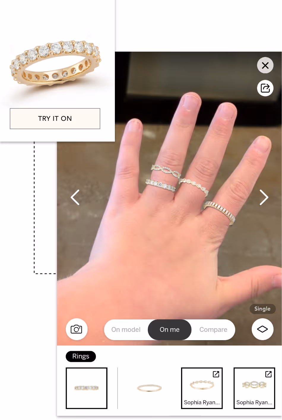 Virtual ring try-on interface showing a hand wearing multiple rings