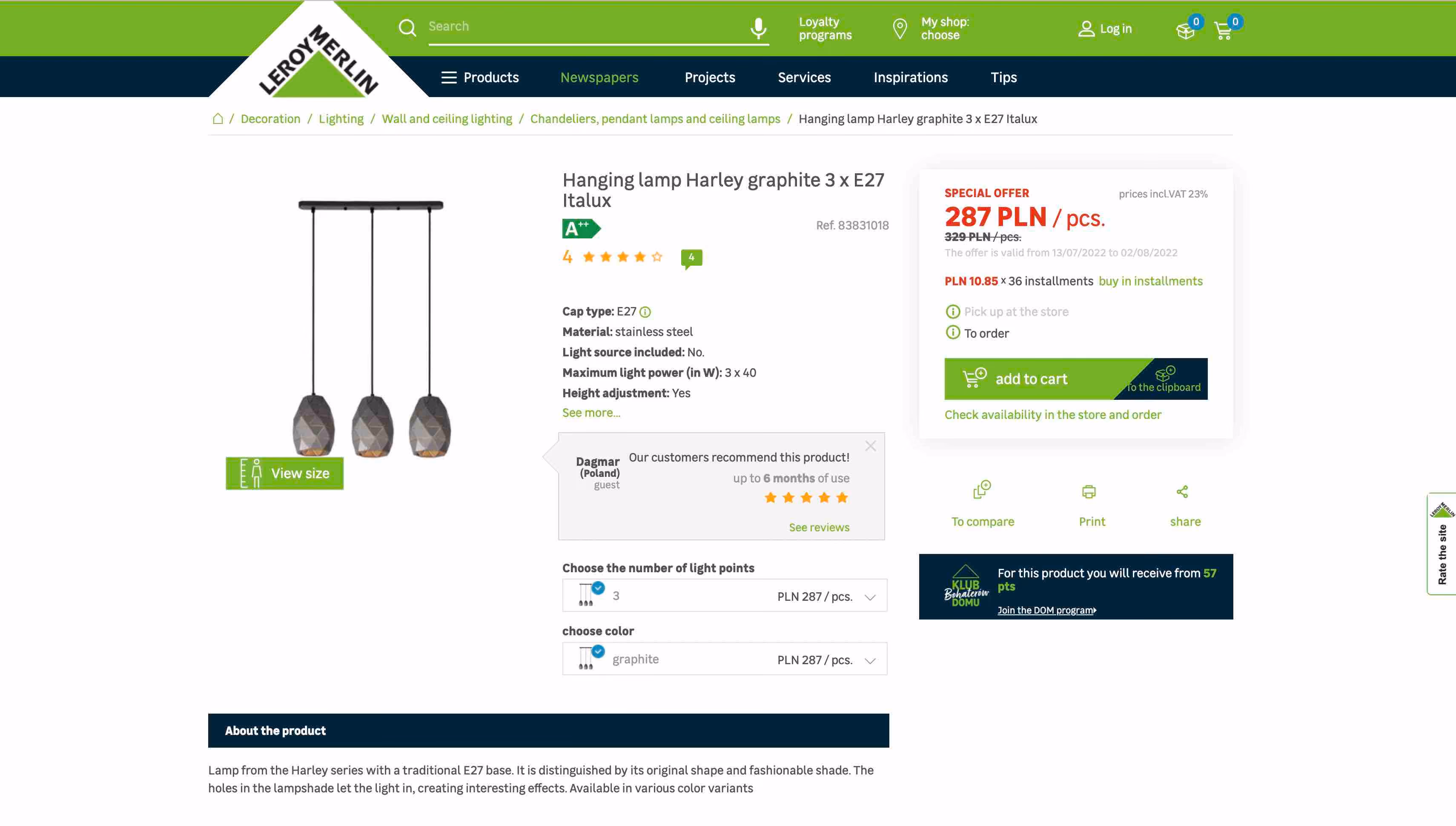 Desktop view of client's product detail page