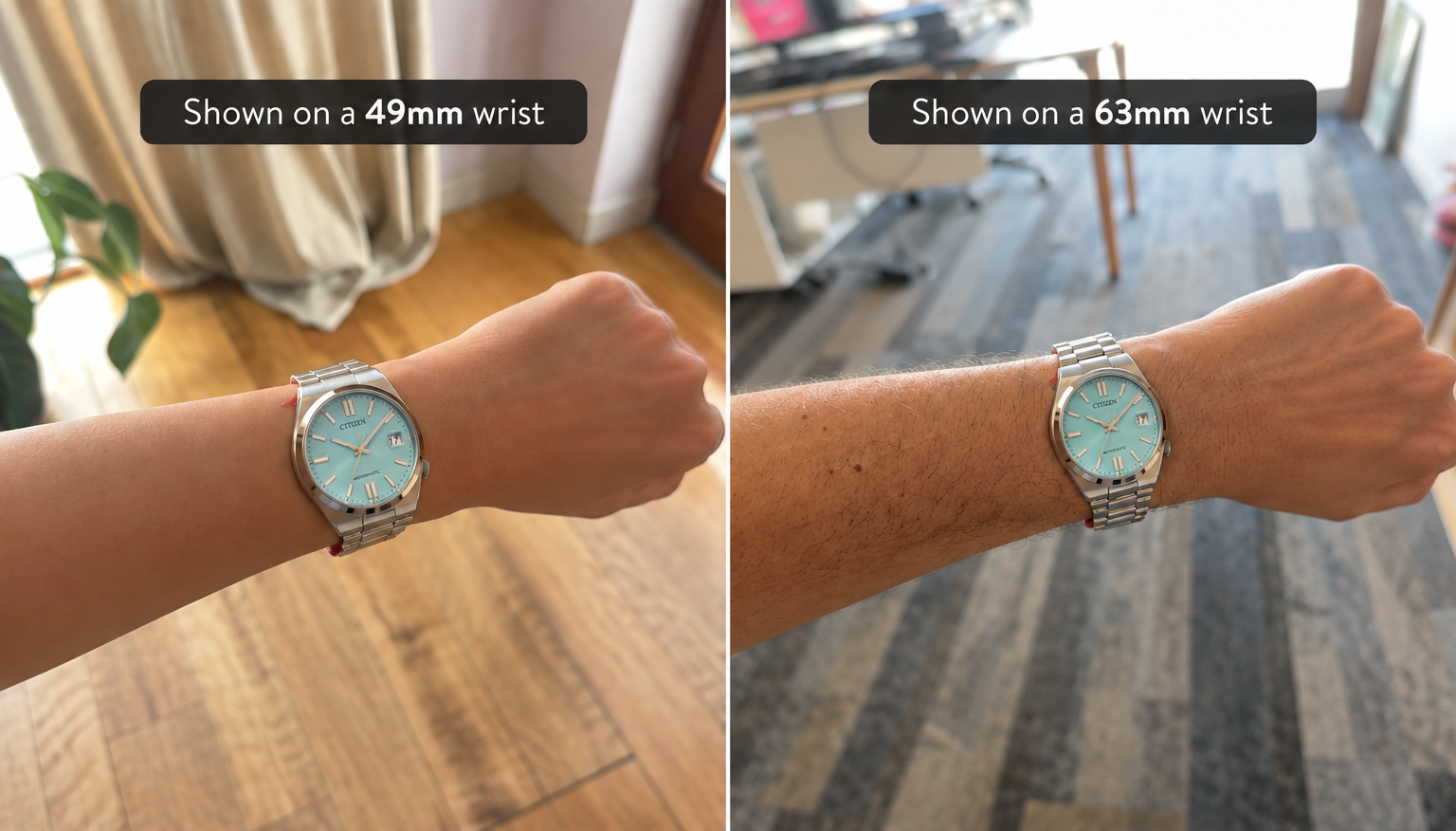 El mismo reloj mostrado en una muñeca estrecha y en una más ancha, ilustrando la calibración de Tangiblee según la muñeca