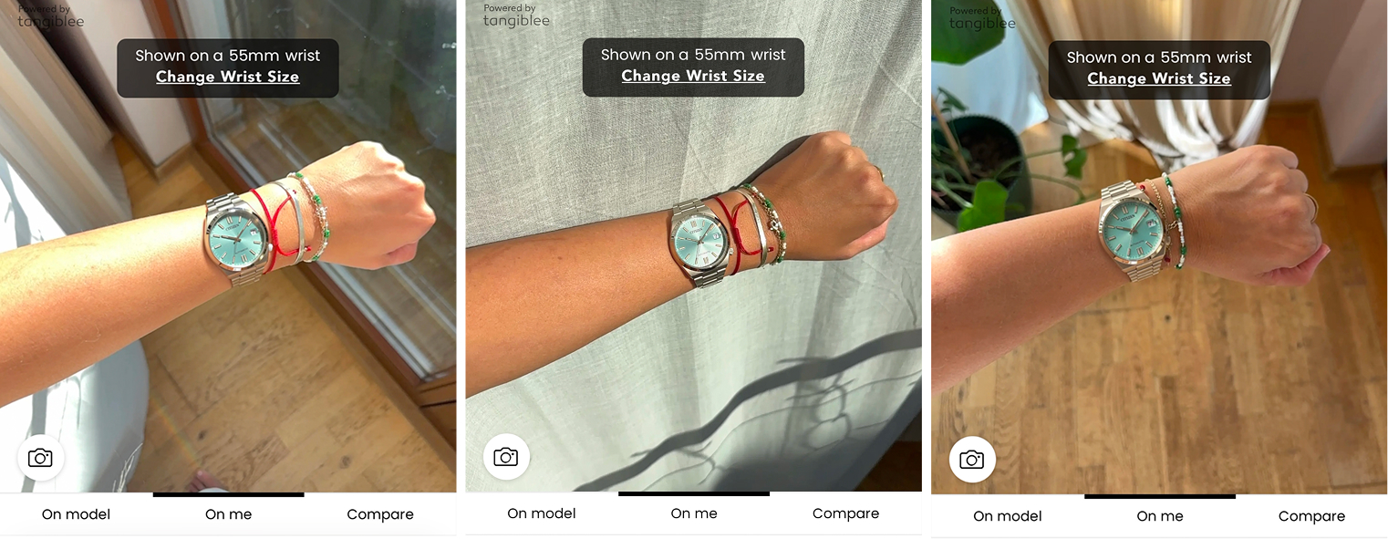Un reloj renderizado con iluminación y reflejos adaptados a la foto de la muñeca de la persona compradora