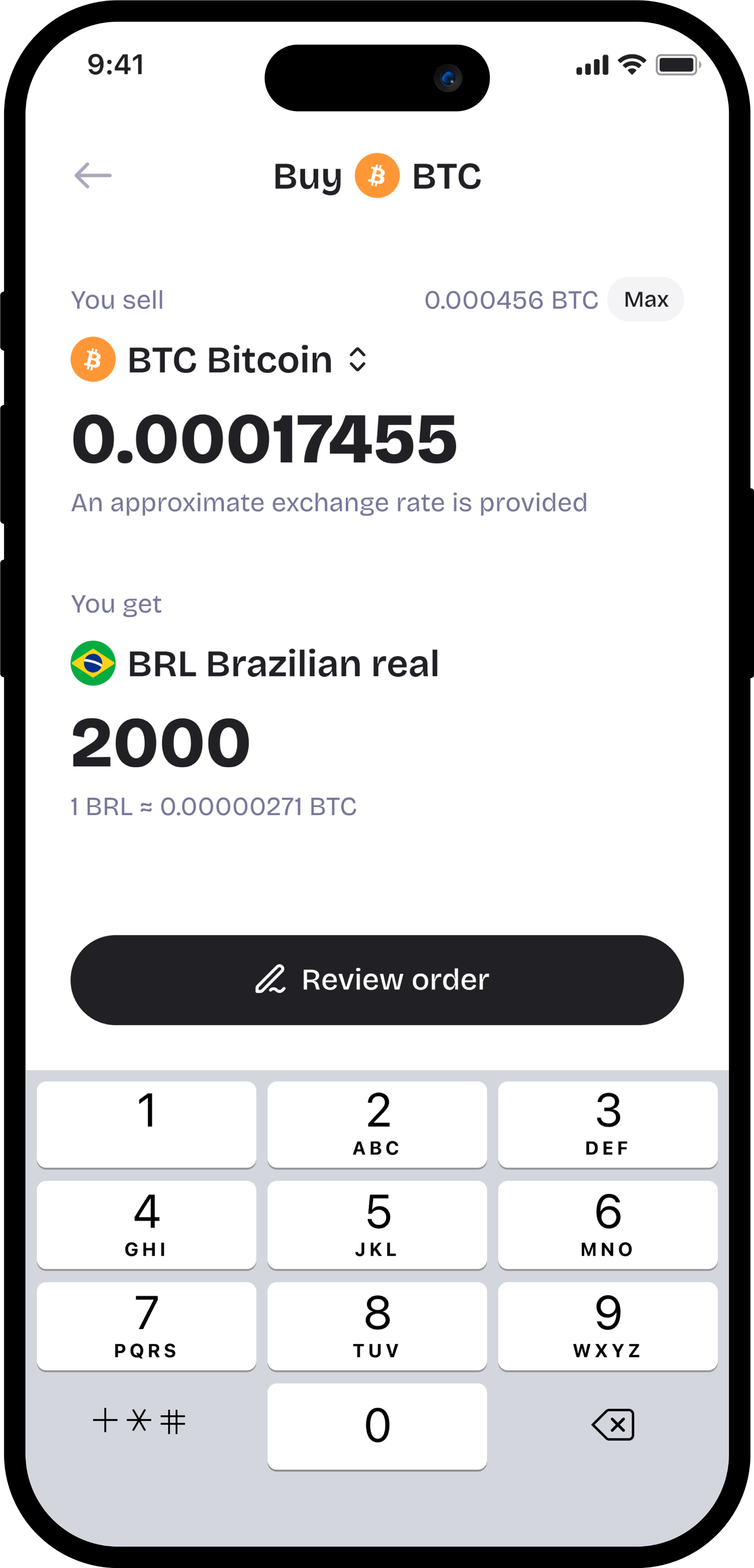 iPhone UI mockup with buy/sell component