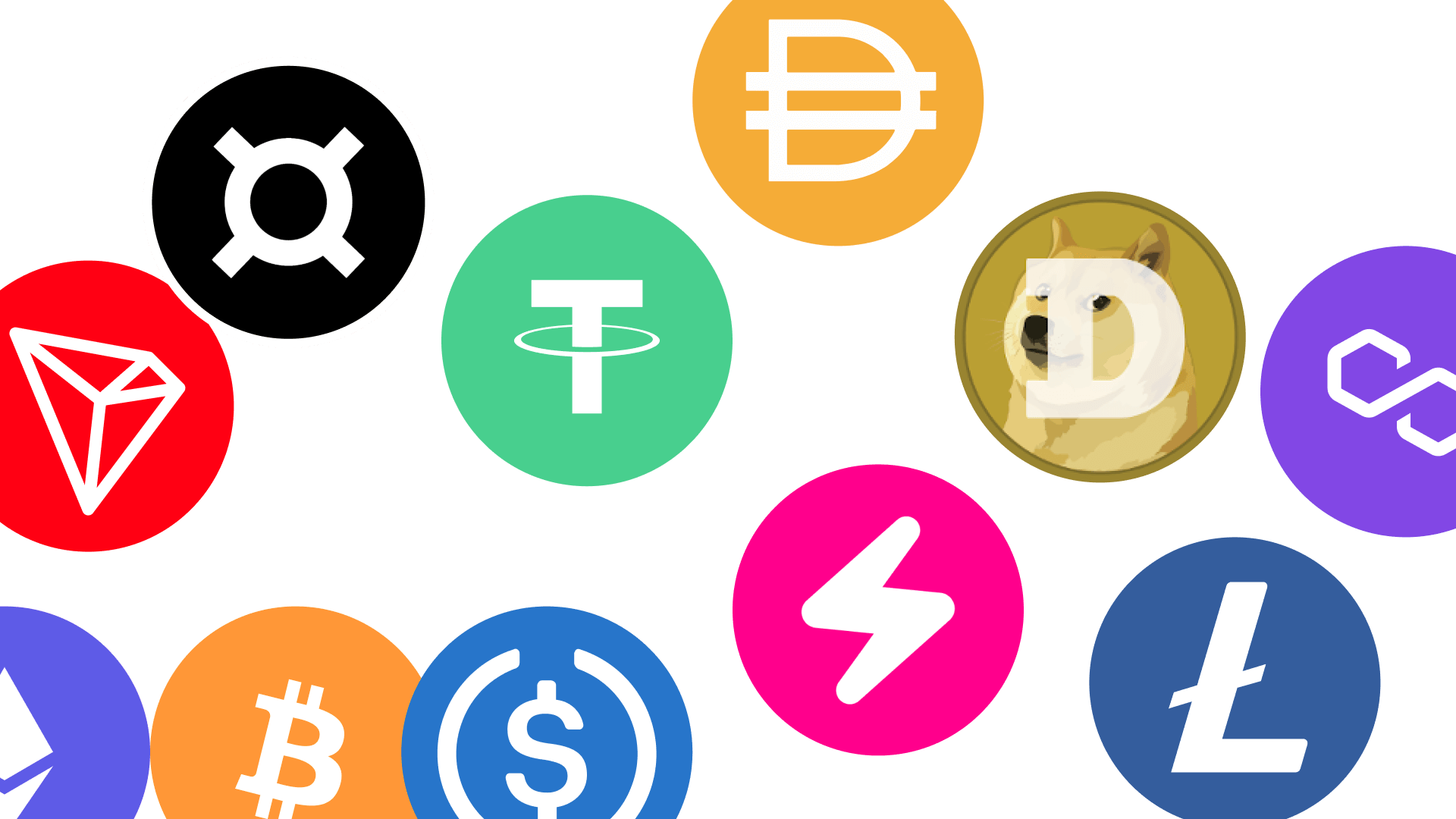 Colorful circles displaying various cryptocurrency logos including Dogecoin, Bitcoin, Ethereum, Litecoin, and others on a black background.