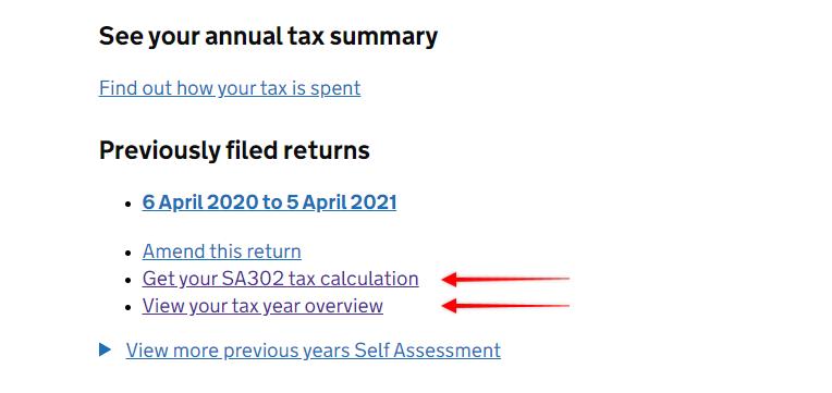 Image showing where to view and print SA302 tax calculation and Tax Year Overview documents
