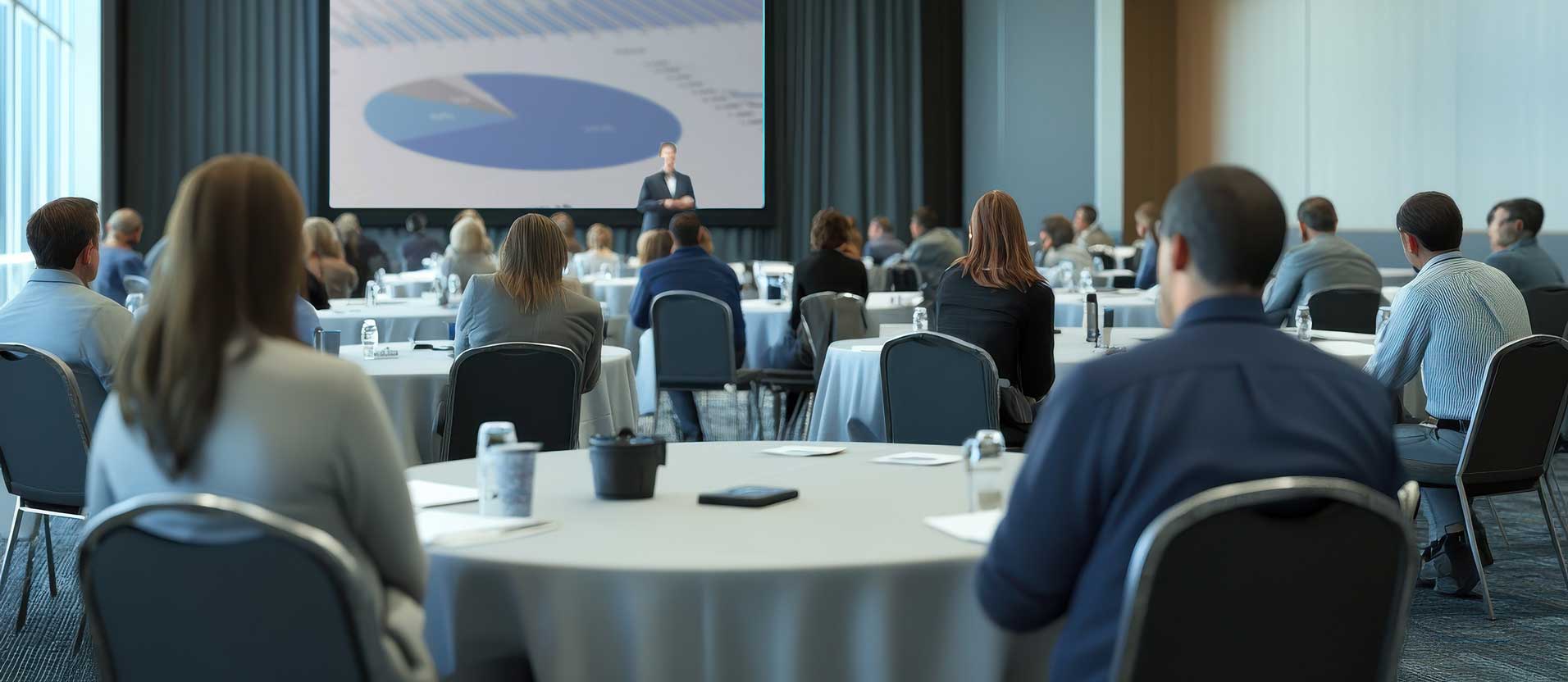 People seated at round tables in a conference room watching a presenter speak in front of a large screen displaying a pie chart.