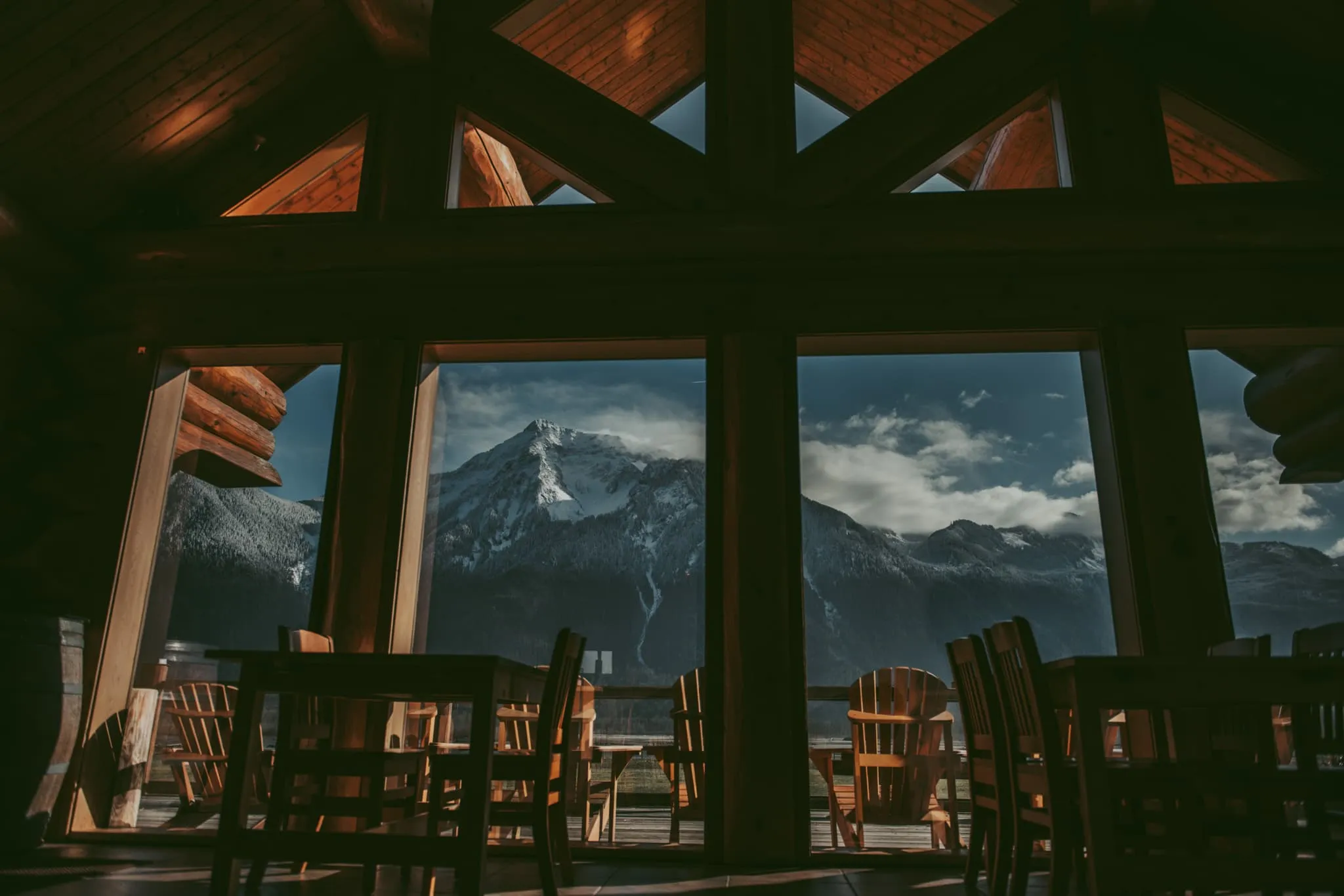 Mountain view from inside the Fraser River Lodge Dining Room