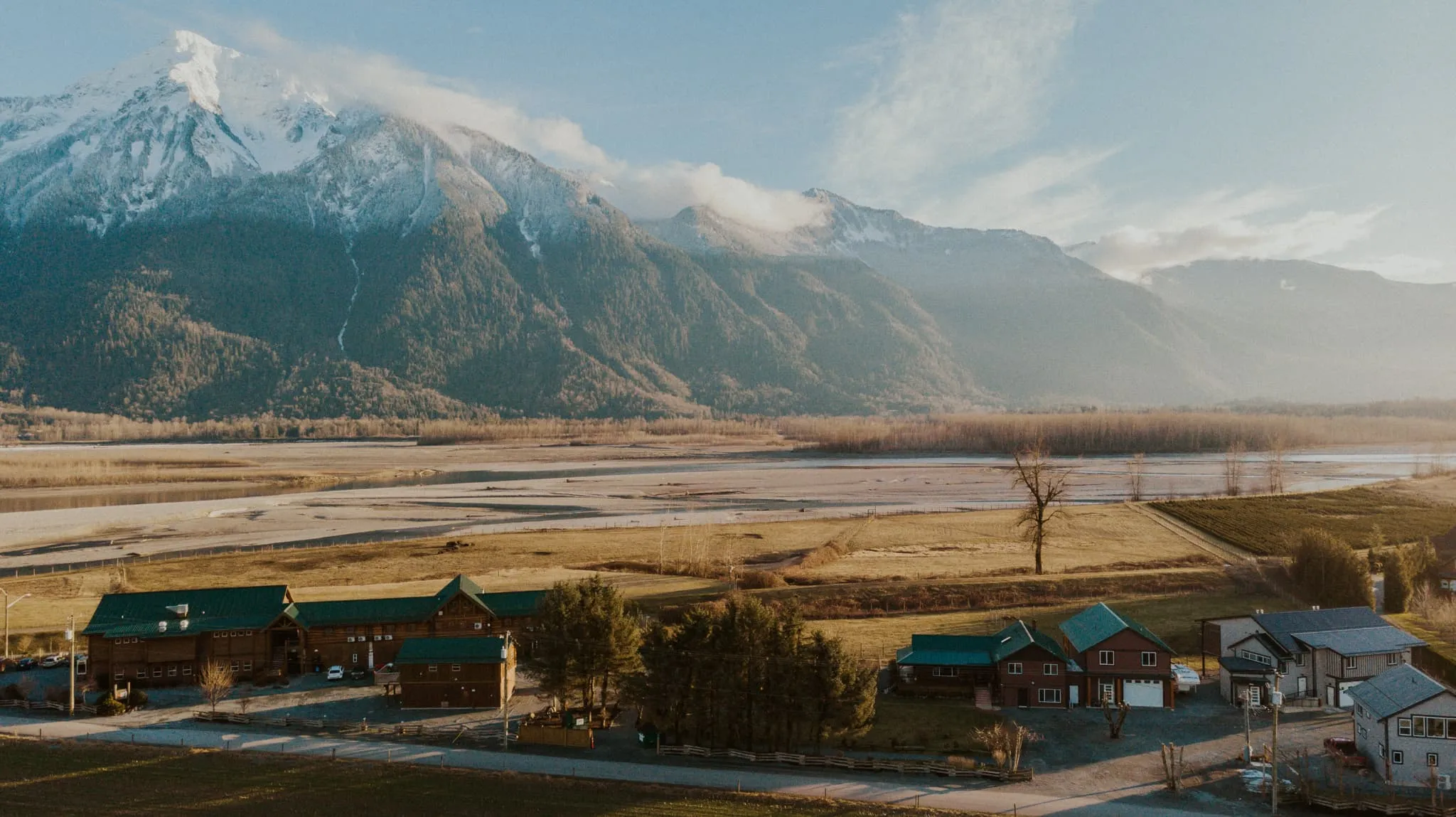 A landscape drone shot of a mountain resort. 