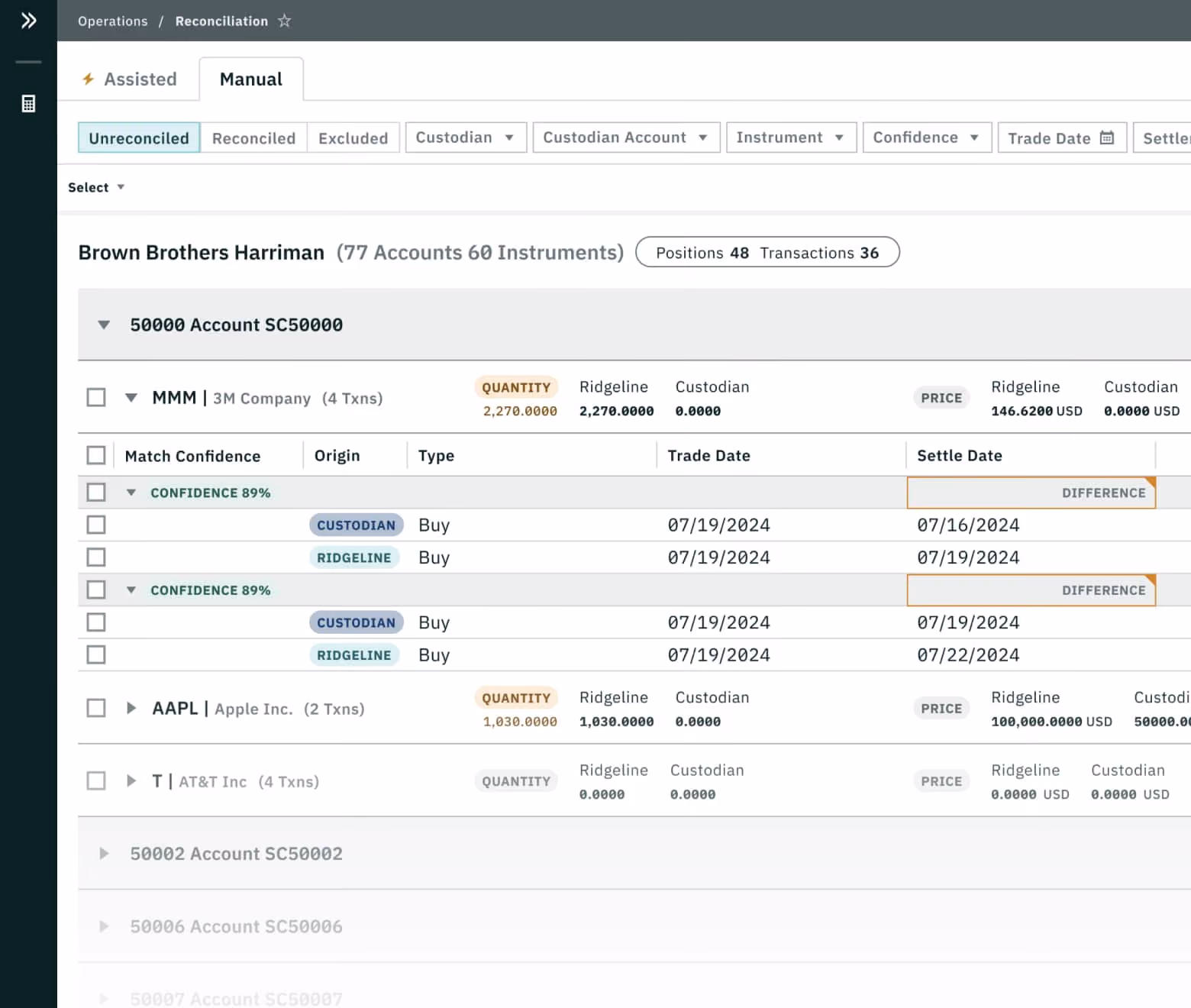 Ridgeline reconciliation interface