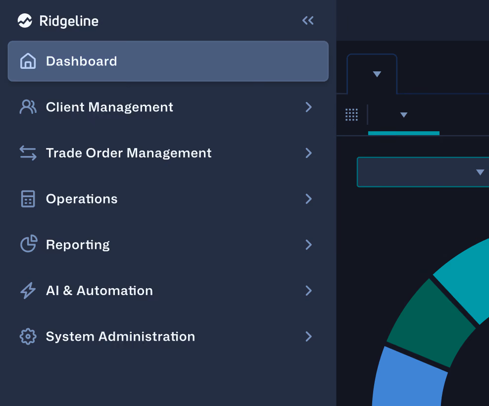 Ridgeline platform navigation beside a portfolio allocation chart