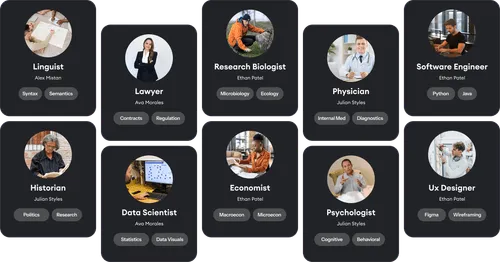 Grid of professional profiles showing photos, names, job titles, and key skills including Linguist, Lawyer, Research Biologist, Physician, Software Engineer, Historian, Data Scientist, Economist, Psychologist, and UX Designer.