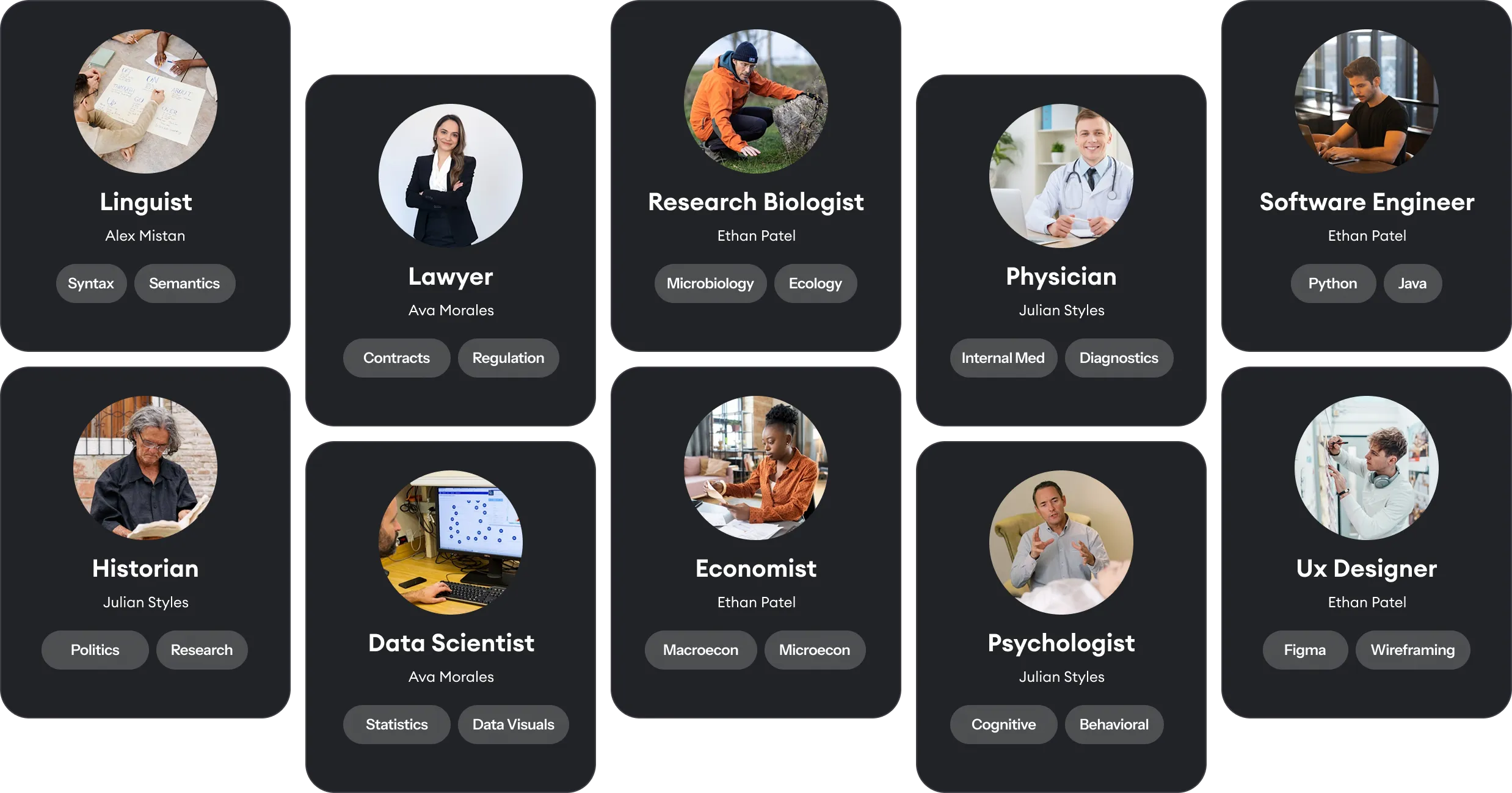 Grid of professional profiles showing photos, names, job titles, and key skills including Linguist, Lawyer, Research Biologist, Physician, Software Engineer, Historian, Data Scientist, Economist, Psychologist, and UX Designer.