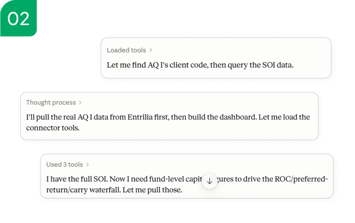 The assistant calls the Entrilia MCP server 