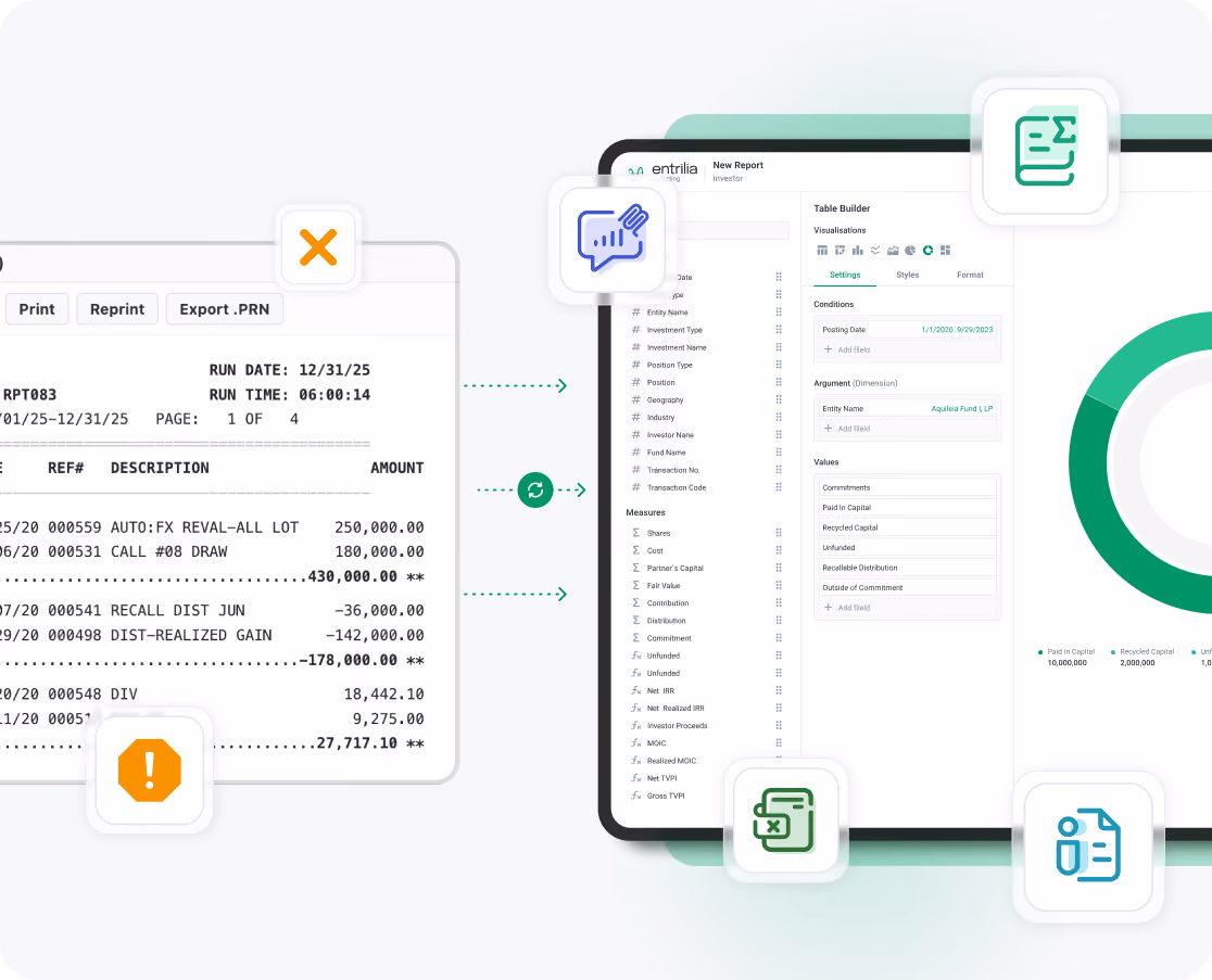 Illustration showing transformation from a traditional printed financial report on the left to a modern, interactive digital report on the right, featuring customizable table builder settings and a circular chart with color-coded financial data categories.