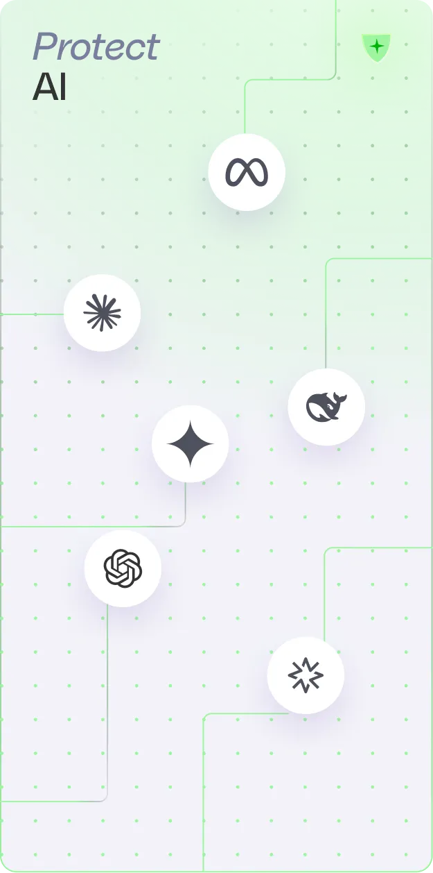 Green gradient background with the text 'Protect AI' and six white circles containing logos of AI companies like OpenAI and Meta connected by thin green lines.