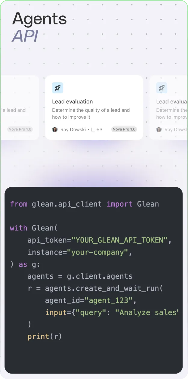 Screenshot of 'Agents API' with a card titled Lead evaluation and example Python code using Glean API client to create and run an agent with a query input.