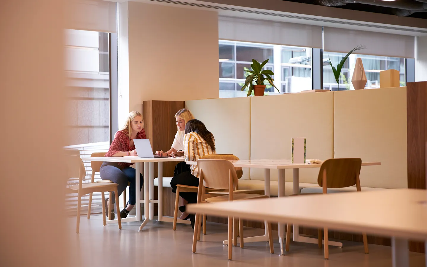 Three women sitting at a table in a modern office lounge, working together on a laptop.