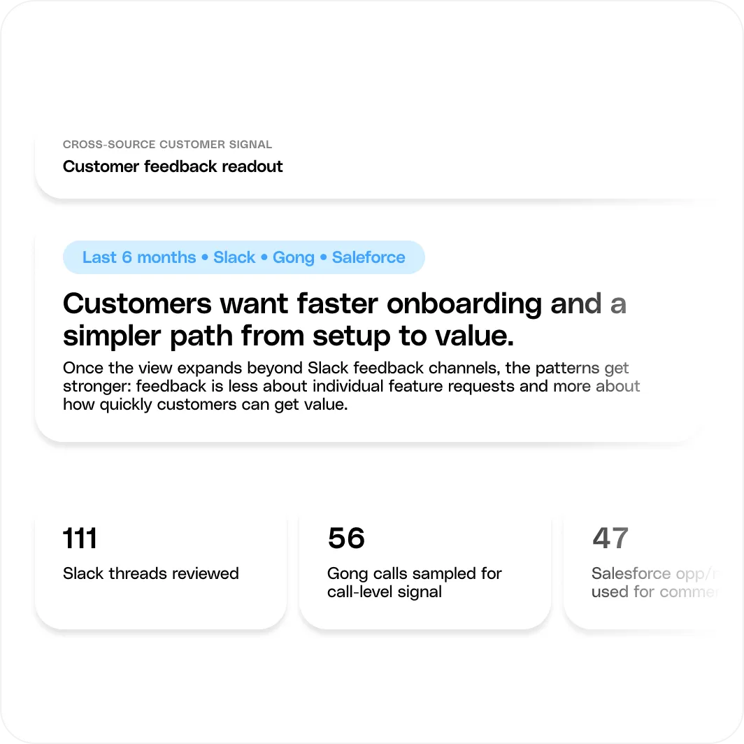 Customer feedback readout highlighting demand for faster onboarding and simpler setup to value, based on Slack, Gong, and Salesforce data.