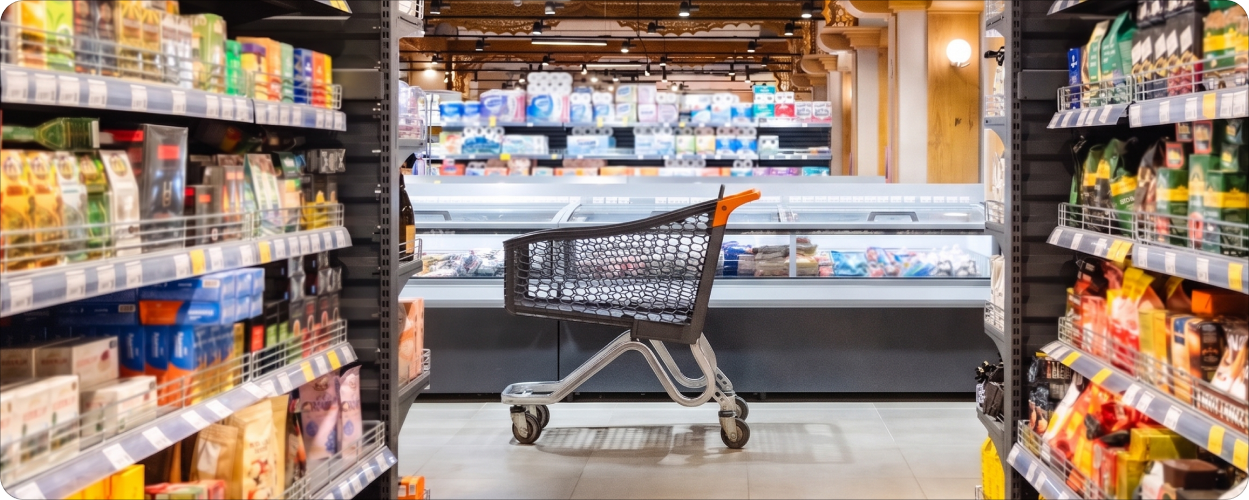 Grocery store aisle with a shopping cart