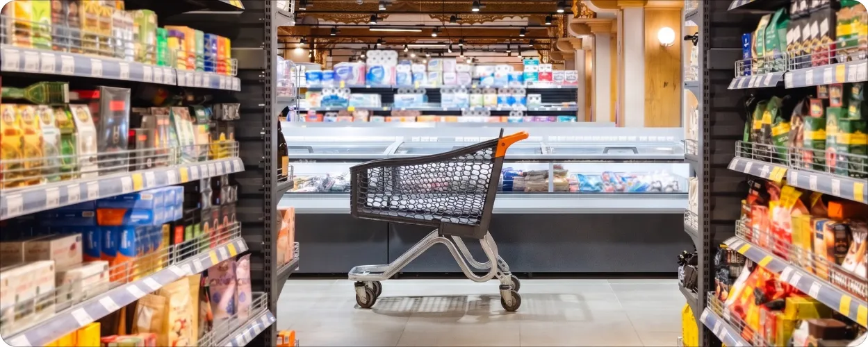 Grocery store aisle with a shopping cart