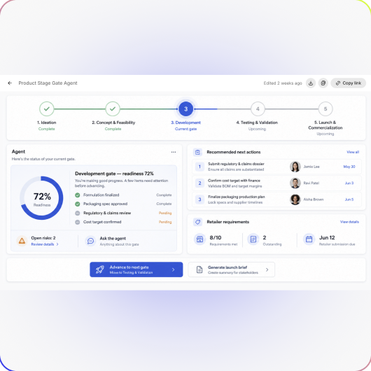 Product Stage Gate Agent showing launch readiness and next actions