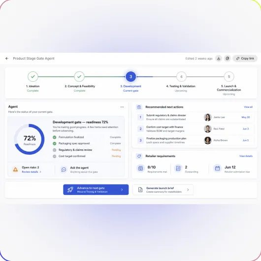 Product Stage Gate Agent showing launch readiness and next actions