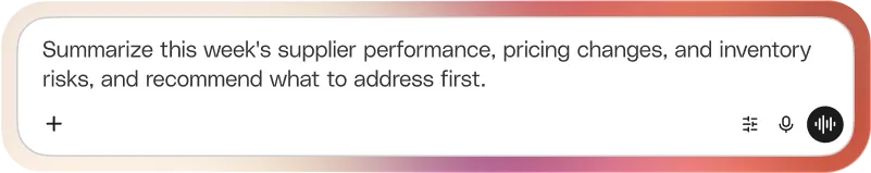 Prompt: Summarize this week's supplier performance, pricing changes, and inventory risks, and recommend what to address first.