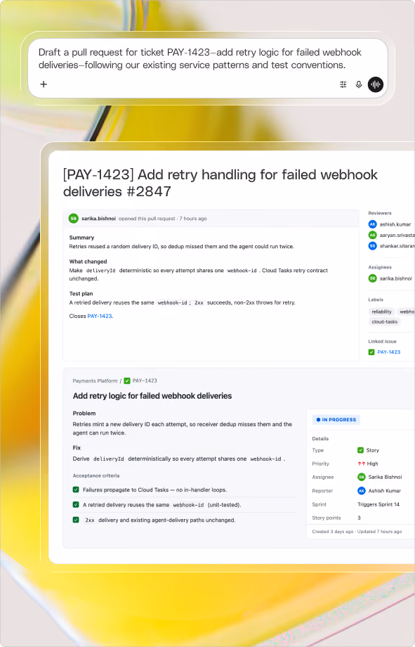 Glean answering: Draft a pull request for ticket PAY-1423—add retry logic for failed webhook deliveries—following our existing service patterns and test conventions.